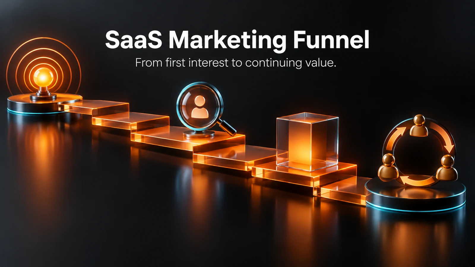 SaaS marketing funnel illustrated as a connected pathway from discovery and evaluation to product value and an ongoing customer relationship.