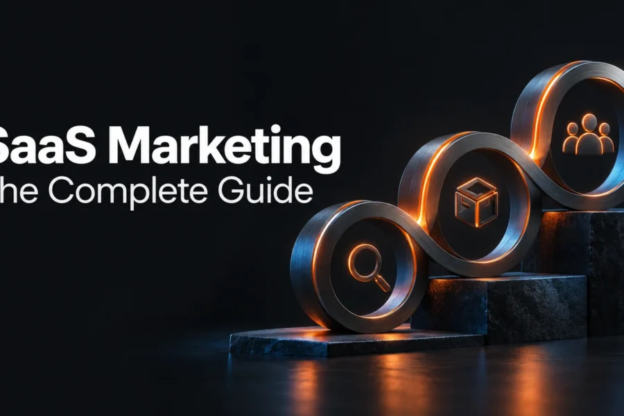 SaaS Marketing: The Complete Guide, illustrated with connected discovery, product and customer symbols.